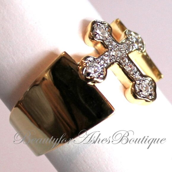 Divine Christian Open Band Cz Clear Cubic Zirconia Cross Goldrtone Brass Ring - Picture 2 of 8